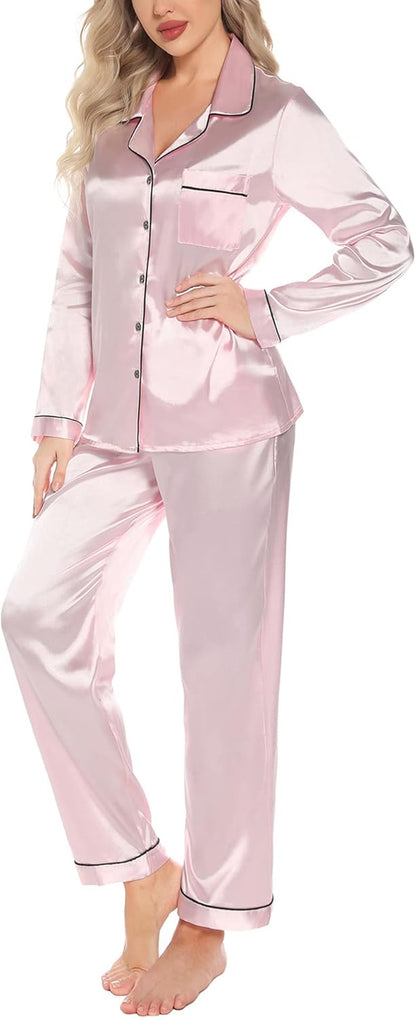 Women'S Silk Satin Pajamas Set Long Sleeve Button down Sleepwear 2 Piece Pjs Lounge Set S-XXL