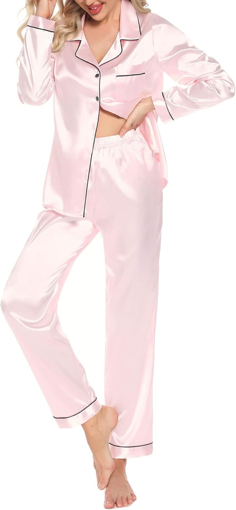 Women'S Silk Satin Pajamas Set Long Sleeve Button down Sleepwear 2 Piece Pjs Lounge Set S-XXL