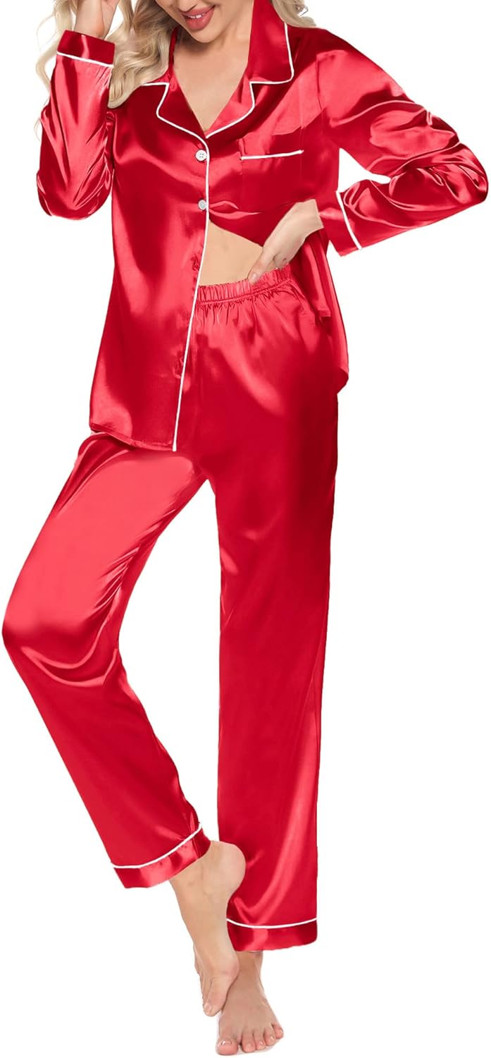 Women'S Silk Satin Pajamas Set Long Sleeve Button down Sleepwear 2 Piece Pjs Lounge Set S-XXL