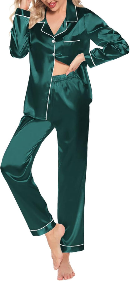 Women'S Silk Satin Pajamas Set Long Sleeve Button down Sleepwear 2 Piece Pjs Lounge Set S-XXL