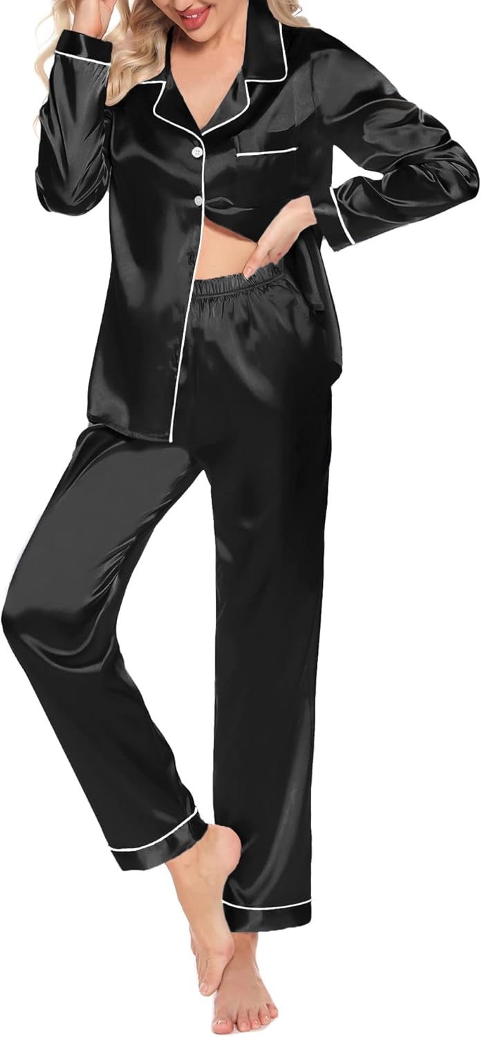 Women'S Silk Satin Pajamas Set Long Sleeve Button down Sleepwear 2 Piece Pjs Lounge Set S-XXL