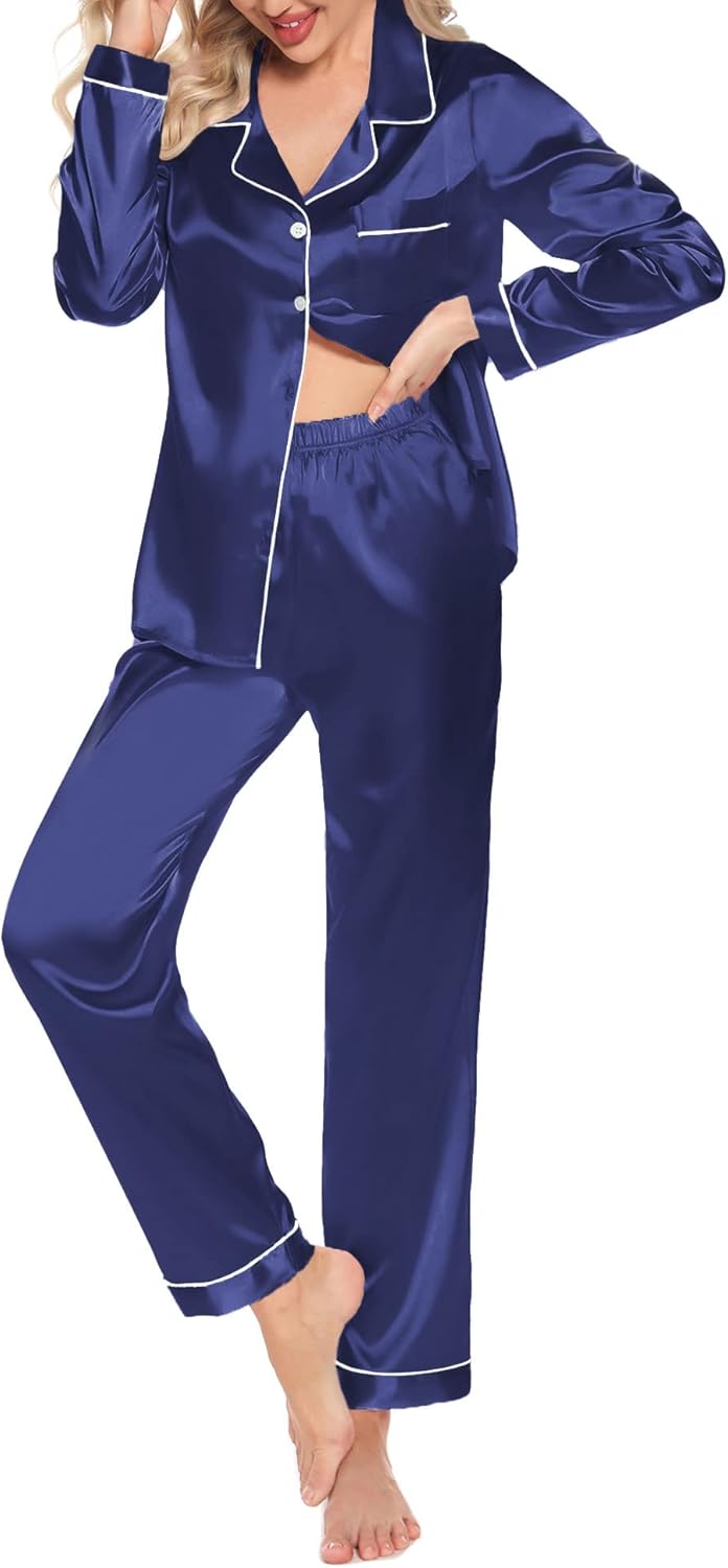 Women'S Silk Satin Pajamas Set Long Sleeve Button down Sleepwear 2 Piece Pjs Lounge Set S-XXL
