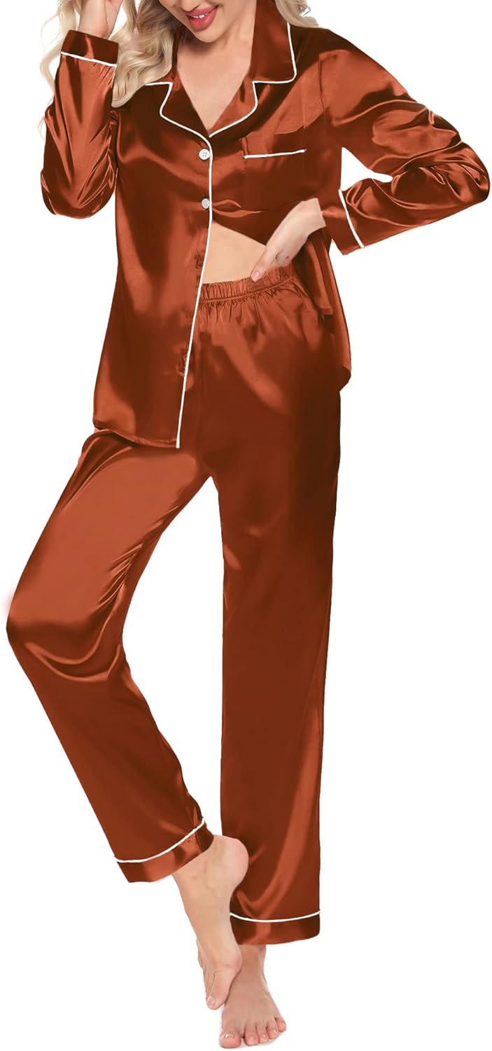 Women'S Silk Satin Pajamas Set Long Sleeve Button down Sleepwear 2 Piece Pjs Lounge Set S-XXL