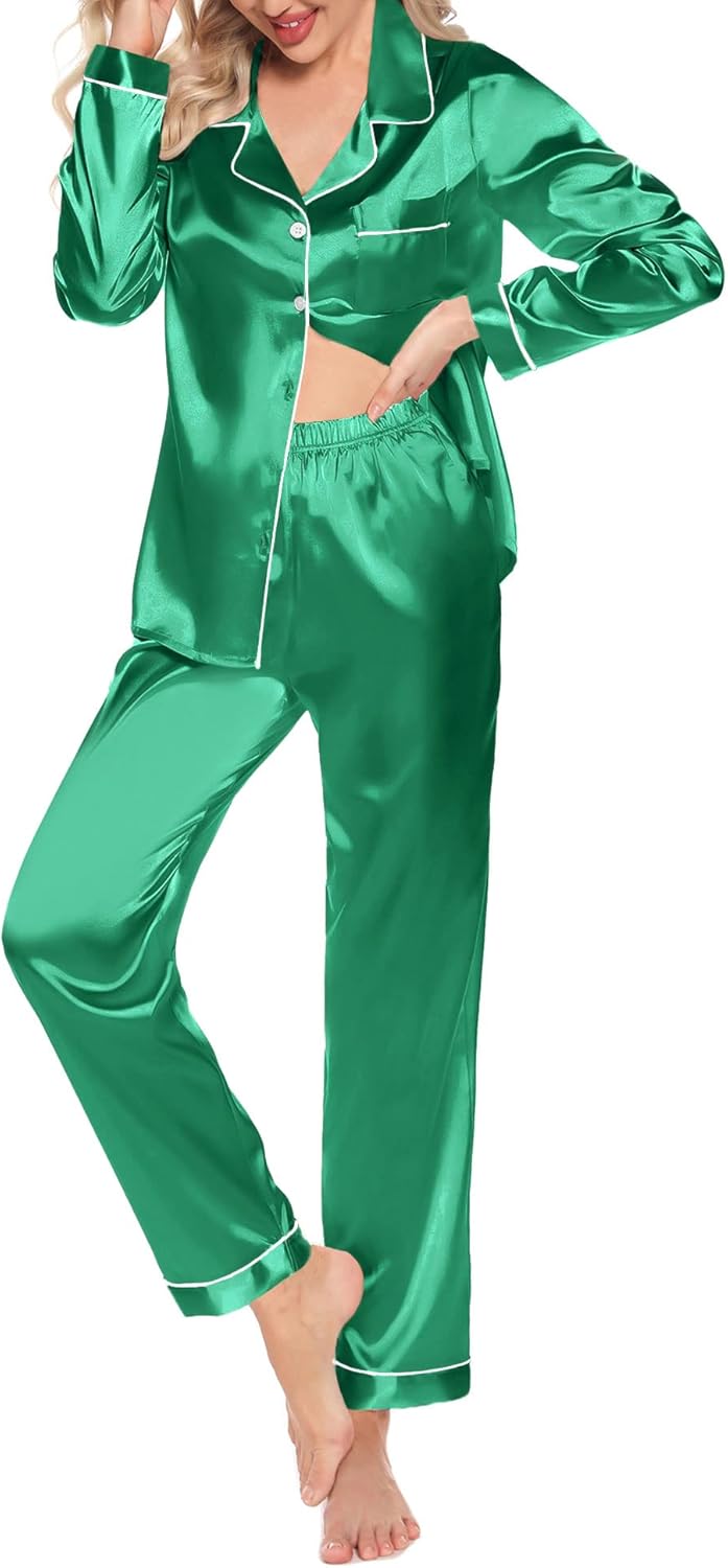 Women'S Silk Satin Pajamas Set Long Sleeve Button down Sleepwear 2 Piece Pjs Lounge Set S-XXL