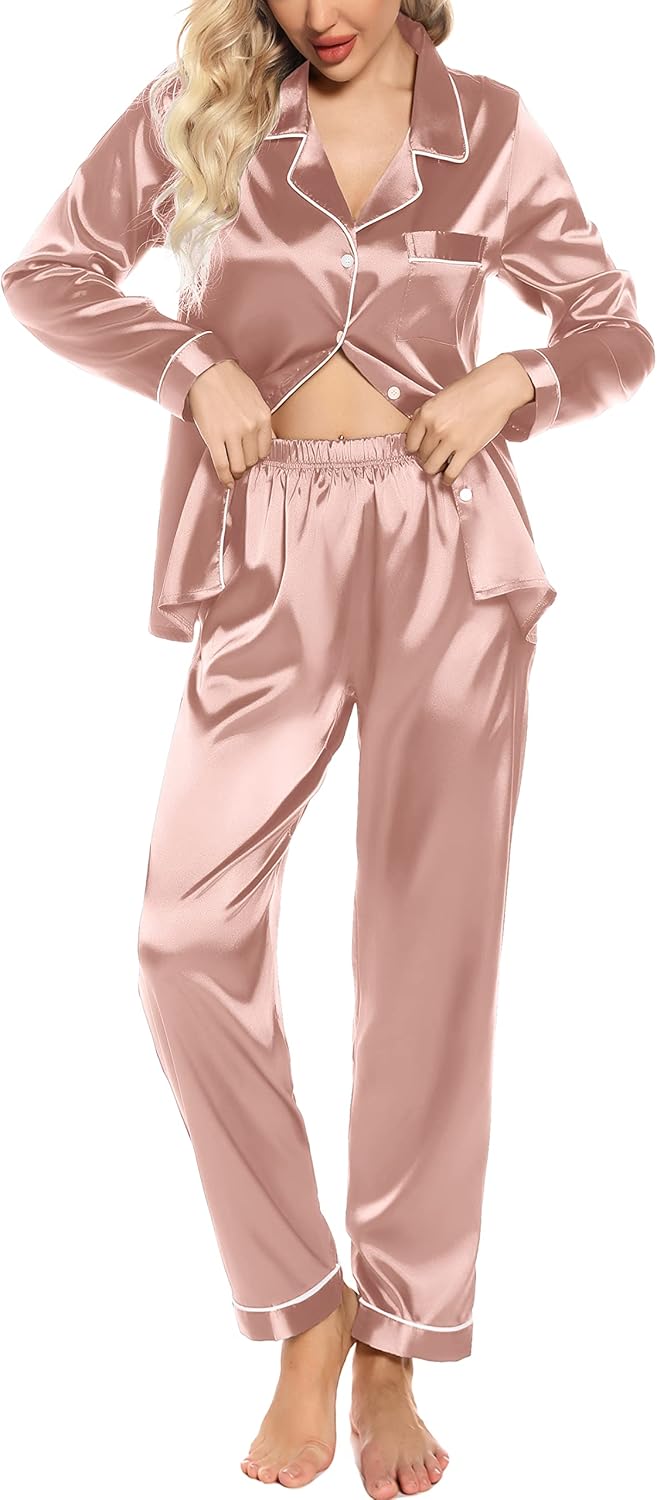 Women'S Silk Satin Pajamas Set Long Sleeve Button down Sleepwear 2 Piece Pjs Lounge Set S-XXL