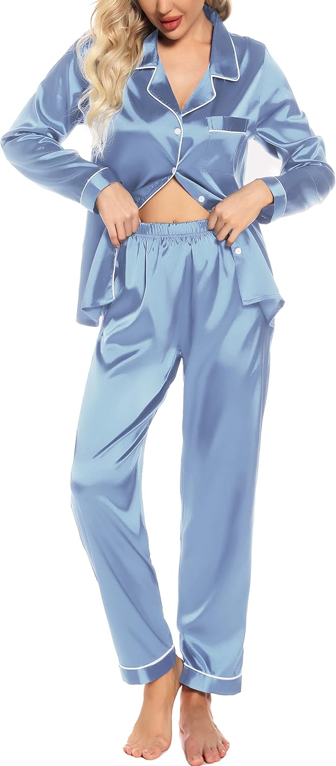 Women'S Silk Satin Pajamas Set Long Sleeve Button down Sleepwear 2 Piece Pjs Lounge Set S-XXL