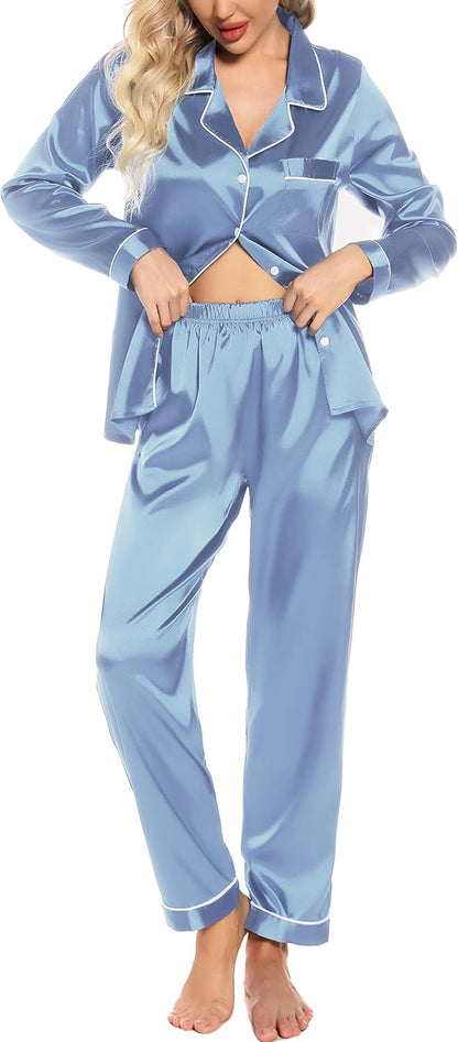 Women'S Silk Satin Pajamas Set Long Sleeve Button down Sleepwear 2 Piece Pjs Lounge Set S-XXL