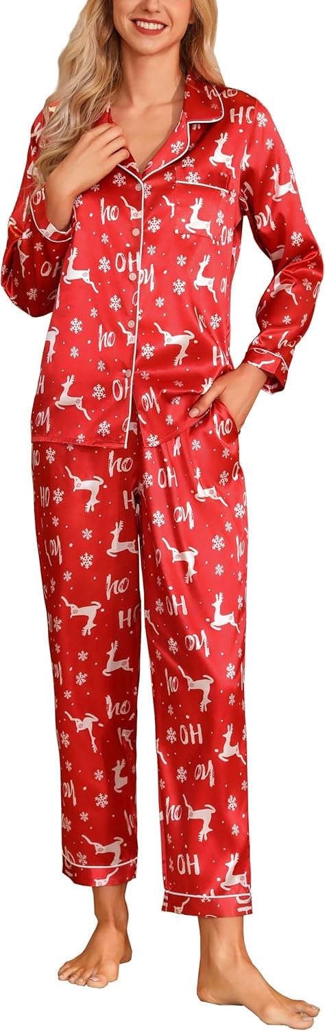 Women'S Silk Satin Pajamas Set Long Sleeve Button down Sleepwear 2 Piece Pjs Lounge Set S-XXL