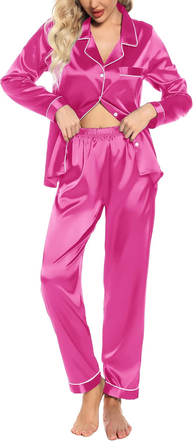 Women'S Silk Satin Pajamas Set Long Sleeve Button down Sleepwear 2 Piece Pjs Lounge Set S-XXL