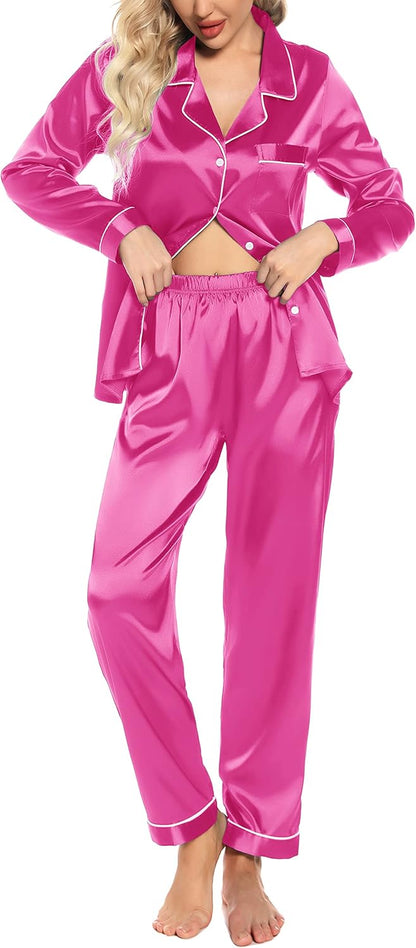 Women'S Silk Satin Pajamas Set Long Sleeve Button down Sleepwear 2 Piece Pjs Lounge Set S-XXL