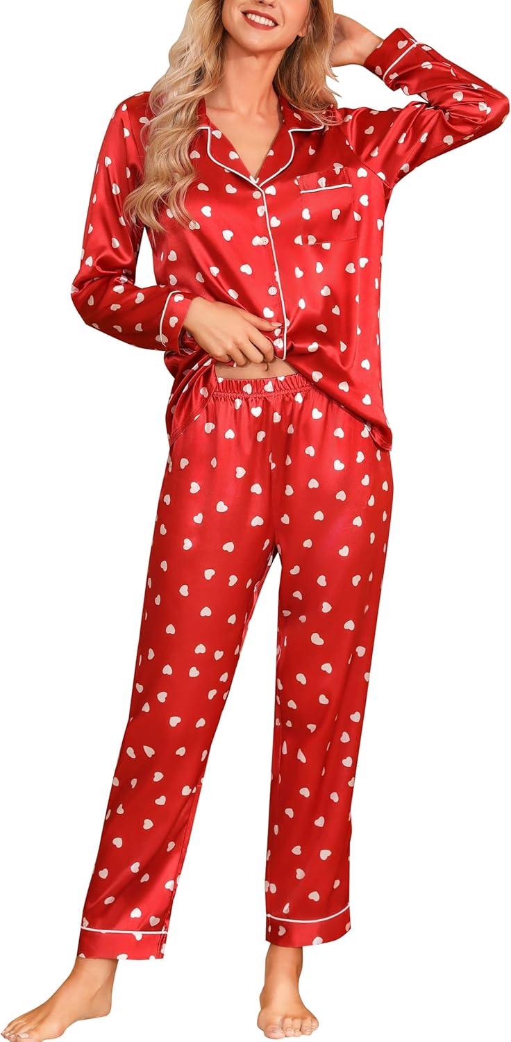 Women'S Silk Satin Pajamas Set Long Sleeve Button down Sleepwear 2 Piece Pjs Lounge Set S-XXL