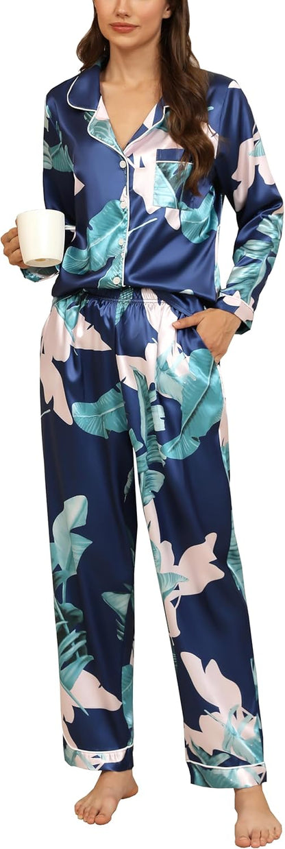 Women'S Silk Satin Pajamas Set Long Sleeve Button down Sleepwear 2 Piece Pjs Lounge Set S-XXL