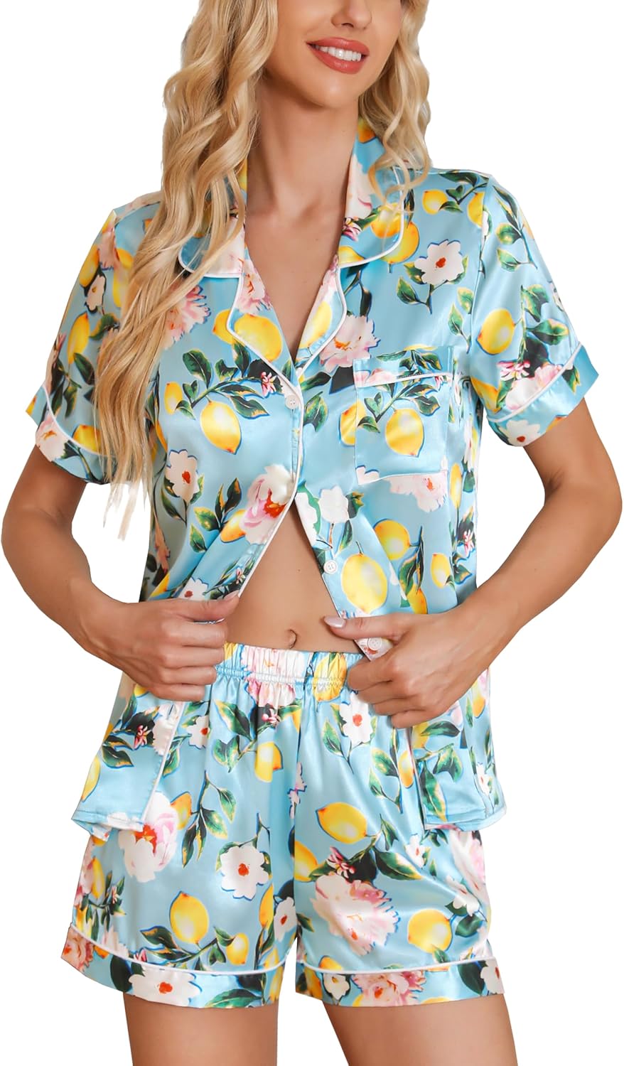 Women'S Silk Satin Pajamas Set Short Sleeve Sleepwear Two Piece Button down Pj Set with Pockets S-XXL