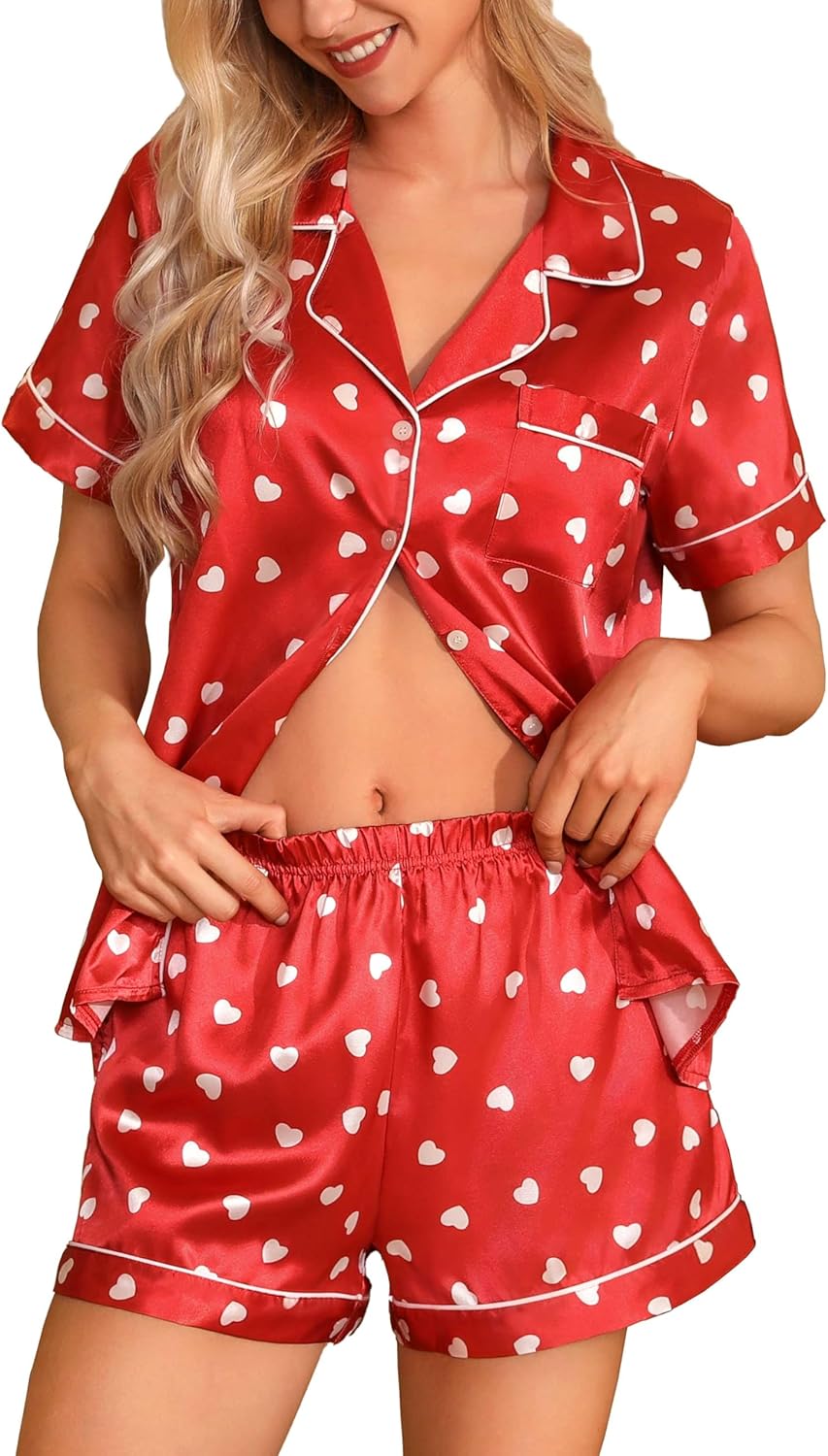 Women'S Silk Satin Pajamas Set Short Sleeve Sleepwear Two Piece Button down Pj Set with Pockets S-XXL