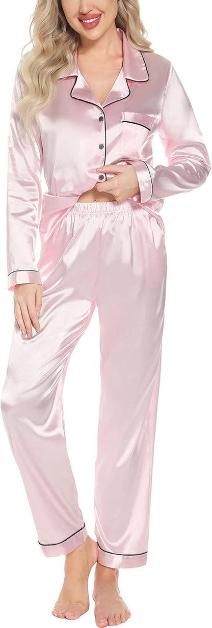 Women'S Silk Satin Pajamas Set Long Sleeve Button down Sleepwear 2 Piece Pjs Lounge Set S-XXL